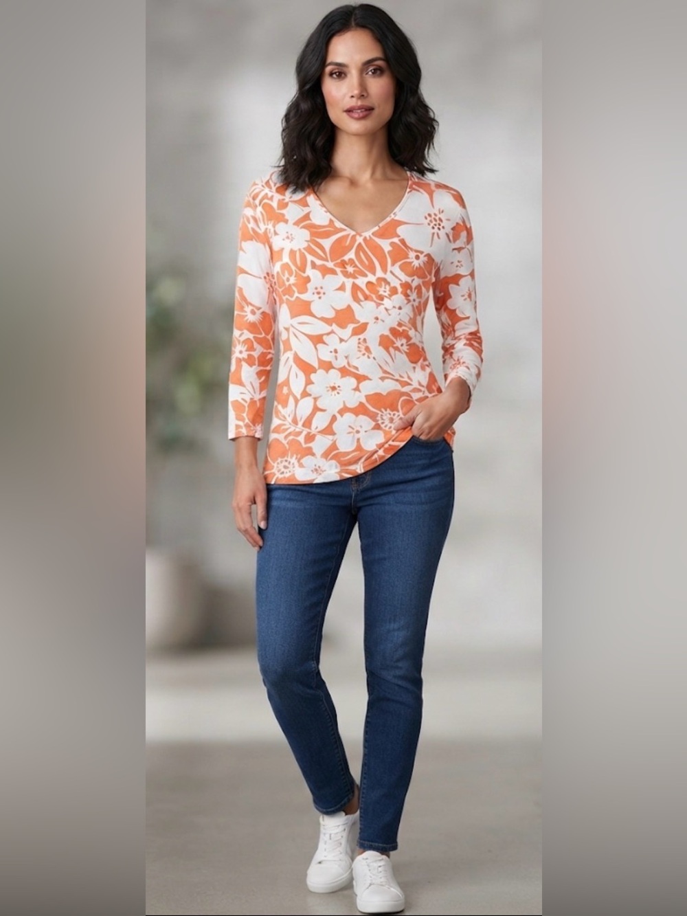 Pineapple Moon Orange White Tropical Floral Rayon Knit Top XXL
